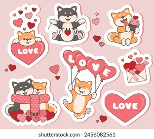 Pegatinas de San Valentín con perros lindos siba inu. Amor romántico conjunto con corazones, carta de amor, pastel, globos	
