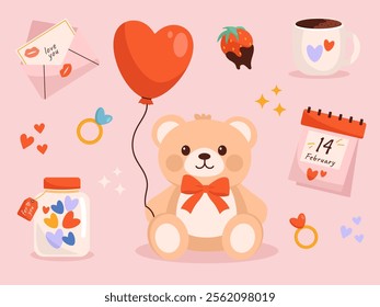 Valentine's Day stickers and decorative elements for planners, scrapbooking, cards and web. Cute flat design with teddy bear, heart balloon and romantic icons.