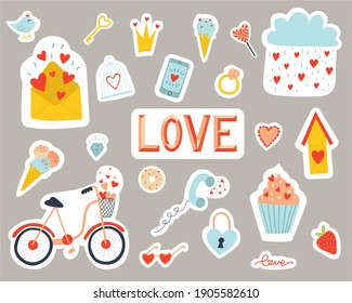 Valentines day stickers and elements. Love vector illustrations for mobile messages, social media, online communication, cards. Hand drawn elements for Valentine's day or wedding.