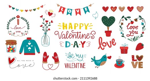 stickers del día de San Valentín. Novia valentina, amor en frasco y taza. Oídos divertidos, elementos de la libreta de guirnaldas. Paquete de emoticones diarios o diarios, vector romántico para planificador elegante