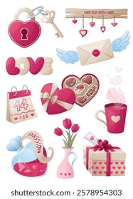 Valentine's Day stickers. Hand drawn vector illustration. Collection of cute festive elements. Hearts and sweets. Isolated a white background. 