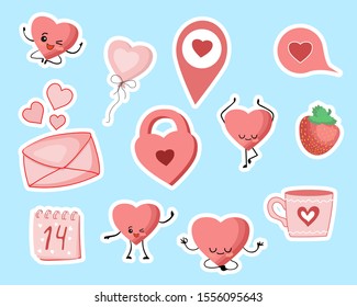 Valentine's Day stickers. Heart, castle, cup, cloud, love