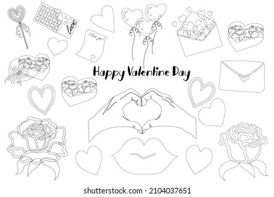  Valentines Day. Stickers, icons. Hearts, flowers, candies, balloons, chocolate, envelope, hands, inscriptions. Collection of isolated vector elements.