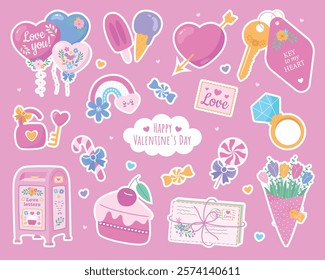 Valentine's Day Stickers love letters keys heart rainbow bouquet of tulips on a pink background