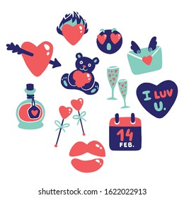 Valentine's Day stickers. Love vector illustrations for social network, web design, mobile messages, social media, online communication, cards and printed material. Isolated on white background.