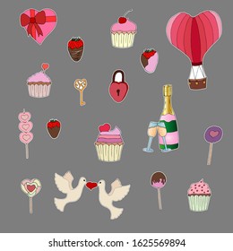 Valentine's day stickers on a gray background with different elements