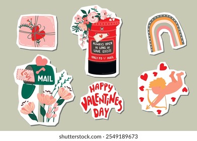 Valentines Day stickers pack with Cupid,mail,greeting sign,gift,hearts,flowers,rainbow.Cartoon objects with roughly cut edges.Vector designs isolated on grey.Romantic elements for card,invitation.