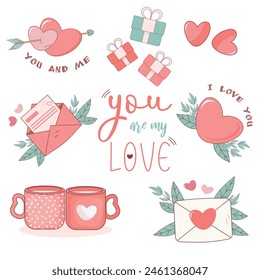 Valentine's Day Stickers Pack. A set of romantic pictures for lovers. Stickers about love, loyalty, friendship, family, gratitude. Bright, simple isolated print, poster, hand-drawn lettering.