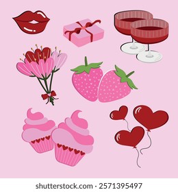 Valentine's Day Stickers Pack, set of romantic pictures for lovers: lips, love letters, glasses of wine, cupcakes, flowers, hearts, balloons. Hand drawn in pink and red colors