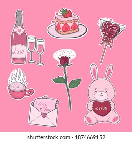 Valentine's day stickers in pink colors. Vector graphics