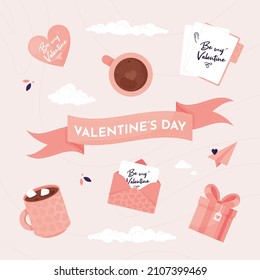 Valentinstag-Aufkleber. Romantische Elemente im flachen Design. Video-Kunstsatz. Rosa und Weiß. Vektorgrafik