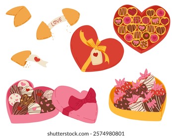 Valentine's Day stickers set. Chocolate box cute hand drawn illustration for Valentine's Day, birthday. Chocolate box with bon-bons, strawberries covered with chocolate, fortune cookies