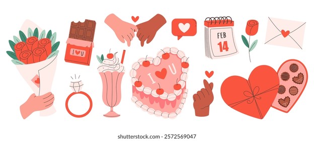 Valentines day stickers set. Coquette cake, hearts, love letter, gifts, floral bouquet, ring, chocolate bar, love gesture. Vector illustration in flat style