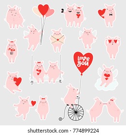 Valentines day stickers set with cute pigs in love.