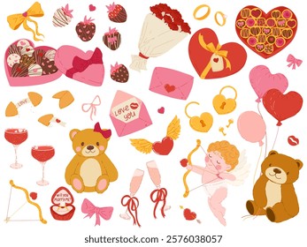 Valentine's Day stickers set for daily planner, diary, web. Scrapbooking cute hand drawn elements for Valentine's Day. Hearts, gift, chocolate box, teddy bear, mail, ring, cupid, roses, balloons