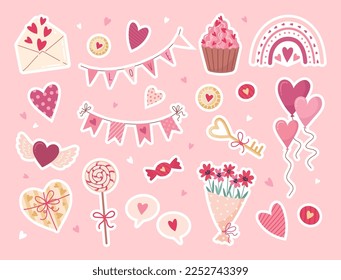 Valentine's day stickers set. Gift, heart, balloon, flowers, boho rainbow, cupcake, boucket, candy, and others for decorative elements. Flat cartoon style. Vector illustration.