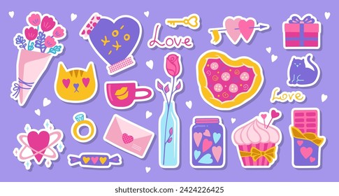 Pegatinas de San Valentín con regalo y otros elementos románticos. Boda de dibujos animados y concepto de amor de San Valentín. Incluye ramo de flores, cupcake de rosas, pizza, correo de dulces. Lindo amor ilustración vectorial