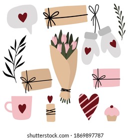Valentine's day stickers set - hearts, gifts, flowers, mittens, cupcake, cup. Romantic illustration for stickers, card, poster, pattern, clothes design, print, logo, icon. Flat style, cute colors. 