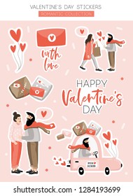 Valentines Day stickers set with love elements, heart, overlays, calligraphy, people and etc. Template for Sticker kit, Greeting, Congratulations, Invitations, Planners. Vector illustration
