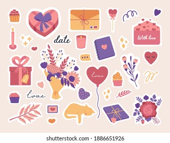 Valentines day stickers set, love symbol objects and cute lettering, candy, cards, heart and flowers bouquet, hand drawn trendy modern flat 14 February kit in flat doodle style, pink and violet colors