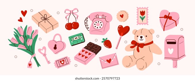 Valentines day stickers set. Love, romance, date scrapbooking collection.  Chocolate, letter, hearts, gift boxes, teddy bear and other romantic elements. Modern cartoon concept. Vector illustration.