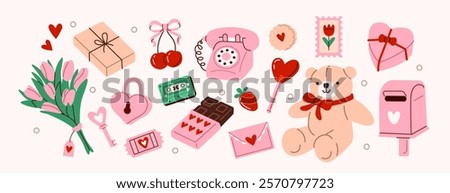 Valentines day stickers set. Love, romance, date scrapbooking collection.  Chocolate, letter, hearts, gift boxes, teddy bear and other romantic elements. Modern cartoon concept. Vector illustration.