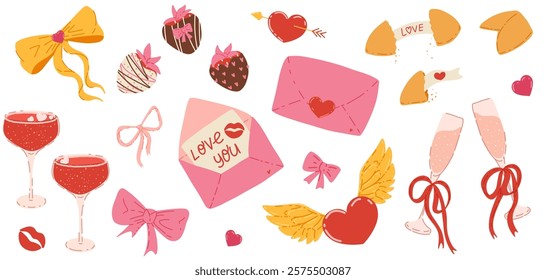 Valentine's Day stickers set. Scrapbooking cute hand drawn elements for Valentine's Day. Doodle hearts, gift, champagne glasses,  mail, strawberry, bows, fortune cookie