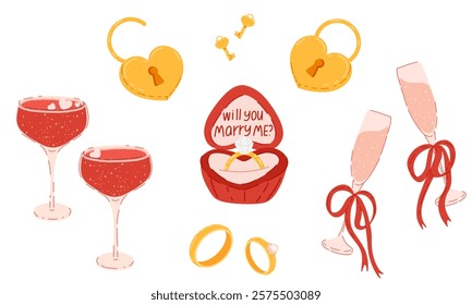 Valentine's Day stickers set. Scrapbooking cute hand drawn elements for Valentine's Day. Doodle engagement ring, gift, champagne glasses, gold wedding rings, love locks