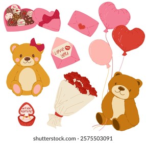 Valentine's Day stickers set. Scrapbooking cute hand drawn elements for Valentine's Day. Engagement ring, chocolate box, teddy bear, mail,  roses, balloons on white 