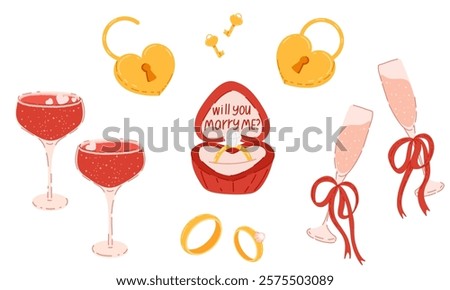 Valentine's Day stickers set. Scrapbooking cute hand drawn elements for Valentine's Day. Doodle engagement ring, gift, champagne glasses, gold wedding rings, love locks