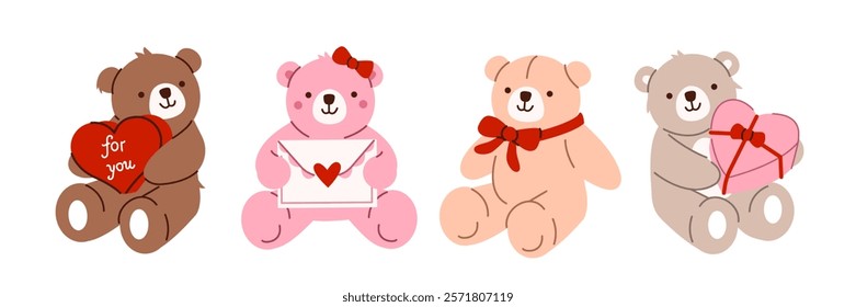 Valentines day stickers set. Teddy bears holding heart, love letter, romantic present box. Romantic design elements collection. Modern cartoon concept. Vector illustration.