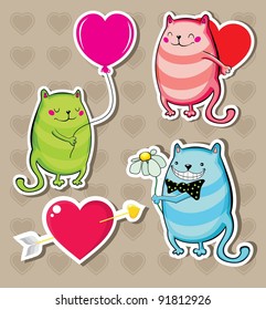 valentine`s day stickers. Vector cats with hearts