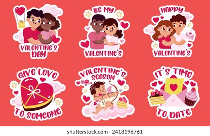 día de San Valentín, stickers, vector, parejas interraciales, cupido, abrazos, confesiones amorosas, mensaje de amor, dulces, pasteles, dibujos animados, planos, transparentes, ilustración, diseño, set, boy, divertido, festivo, personas