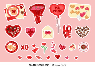 Stickers del día de San Valentín. Vector ambientado con dulces, caja de regalo, flores y corazones. Colección de dibujos animados adorables