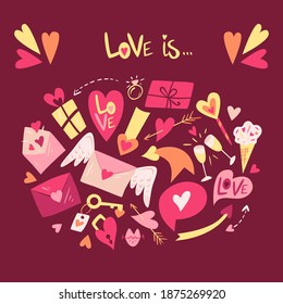 Valentine's day stikers and icons set. Heart, love message, letter, heart key, pointers, sweets. Vector illustration