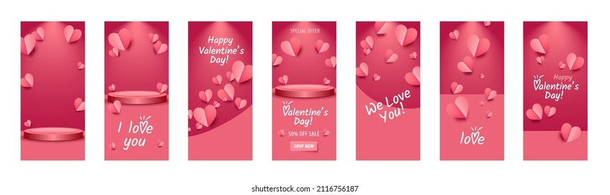 Valentine's day stories banners set. Pink, red background with flying hearts. 3d realistic podium. Round retail display. Promo banners of Valentines day holiday with calligraphy text, font. Heart wave