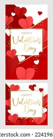 Valentine's day stories banners set. Pink, red background with flying hearts. Promo banners of Valentines day