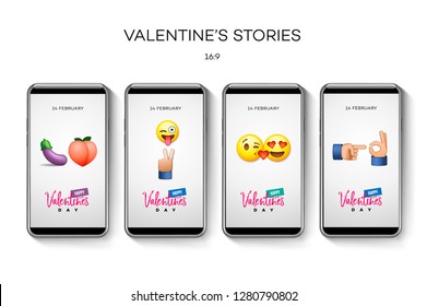 Valentine's day stories template. Streaming. Creative universal Editable set in trendy style with emoji smiley faces, icons, vector illustration.