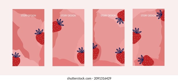 Valentine's day story template for social media, pink background with strawberries, vector illustration. The 14th of February