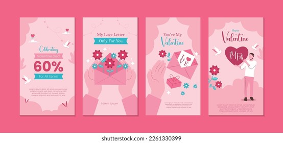 Valentine's Day Story Templates Set with Frames, Flowers and Hearts. Vector illustration for a greeting card with a pink background.