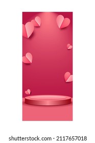 Valentine's day story vector banner. Pink, red background with flying hearts. 3d realistic podium. Round retail display. Promo banners of Valentines day holiday with calligraphy text, font. Heart wave