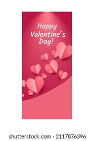 Valentine's day story vector banner. Pink, red background with flying hearts. Promo holiday banners collection with text, font, calligraphy: Happy Valentines day! Heart papercut wave. I love you sigh.