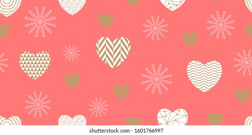 Valentine's day style seamless pattern with geometric motifs. hearts and Pink Snowflakes with different ornaments. Retro textile collection. Pink background illustration.