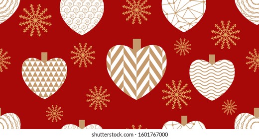 Valentine's day style seamless pattern with geometric motifs. hearts and Snowflakes with different ornaments. Retro textile collection. Red background illustration.