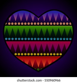 Valentine's Day. The stylized heart with an ornament of blue, red, green, and purple colors on a dark blue background. Vector