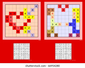 Valentine's Day Sudoku with Heart/Cupid's arrow and Lovers. 29, 33 clues. Easy & super-easy. Vector set.