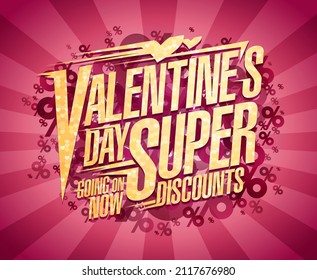 super descuentos del día de San Valentín, vamos ahora, venta de vacaciones web de la plantilla de diseño de banner con brillantes letras doradas y fondo de rayas rosas