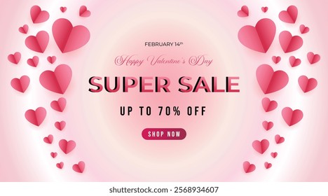 Valentines day super sale background with pink hearts in a gradient pink background design, vector illustration