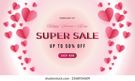 Valentines day super sale background with pink hearts in a gradient pink background design, vector illustration