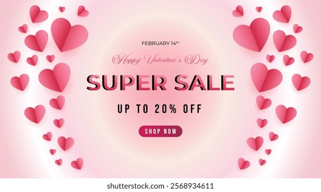 Valentines day super sale background with pink hearts in a gradient pink background design, vector illustration